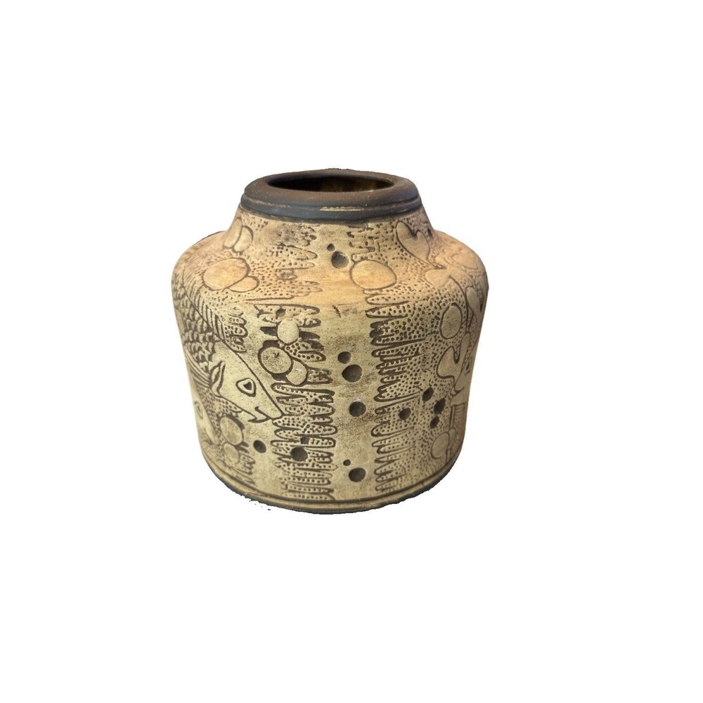 vintage pottery jar hand carved fish